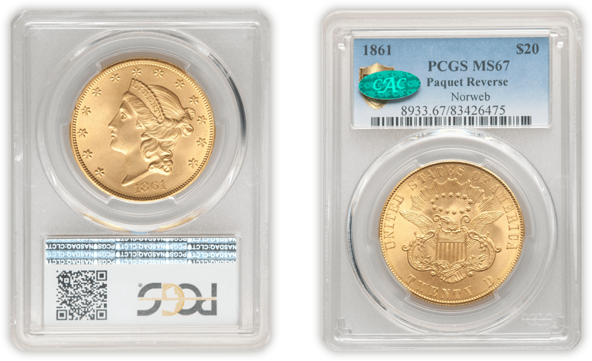 1861年発行 20ドル金貨 パケ 造幣局 MS67 PCGS鑑定 CAC認定