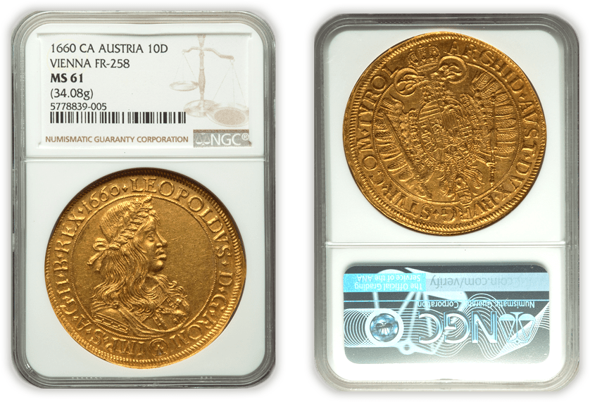 オーストリア・レオポルト1世金貨 10ダカット1660-CA MS61 NGC